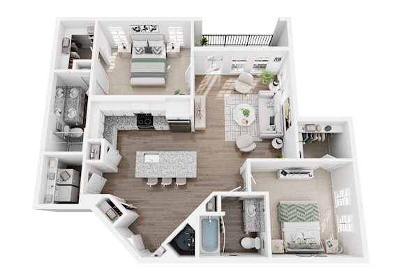 A top-down view of a house layout with a kitchen, living room, and bathrooms.