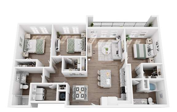 A top-down view of a house layout with multiple rooms and furniture.