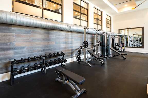 A gym with a bench, weights, and mirrors.