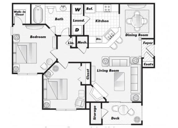 A floor plan of a house with a living room, dining room, kitchen, and bedrooms.