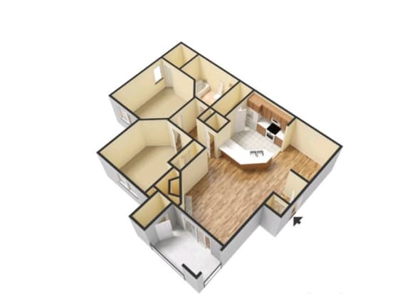 A 3D floor plan of a house with a kitchen, living room, and two bedrooms.