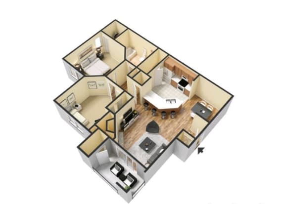 A 3D floor plan of a house with a kitchen, living room, and two bedrooms.