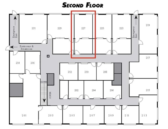 A floor plan of a building's second floor with room numbers and a highlighted section.