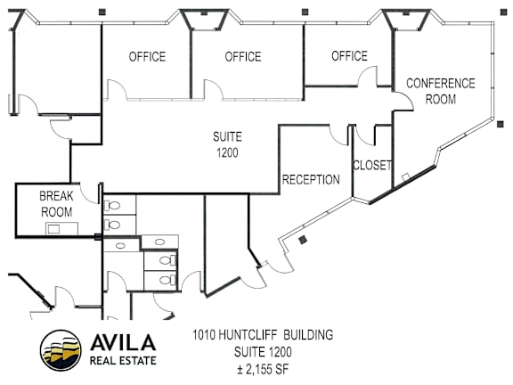 A floor plan for a building with offices, a conference room, a reception, a break room, and a suite.