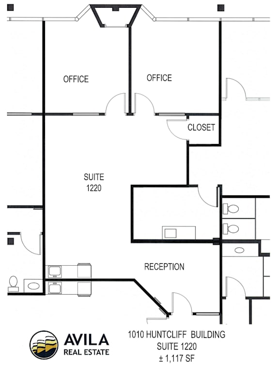 A floor plan for the 1010 Huntcliff Building shows two offices, a suite, a reception area, and a closet.