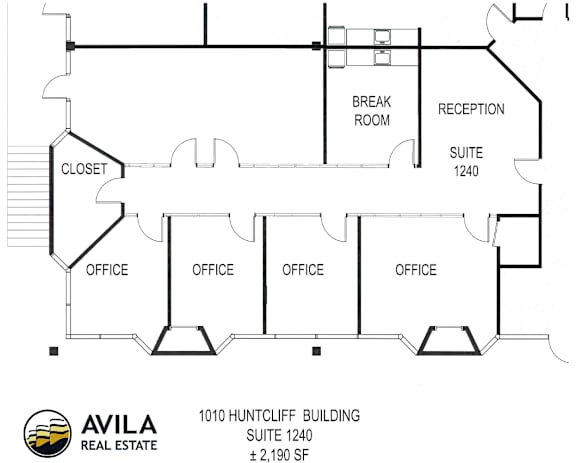 a floorplan image of  available office spaces with 2,190 square feet and a breakroom with a refrigerator and sink