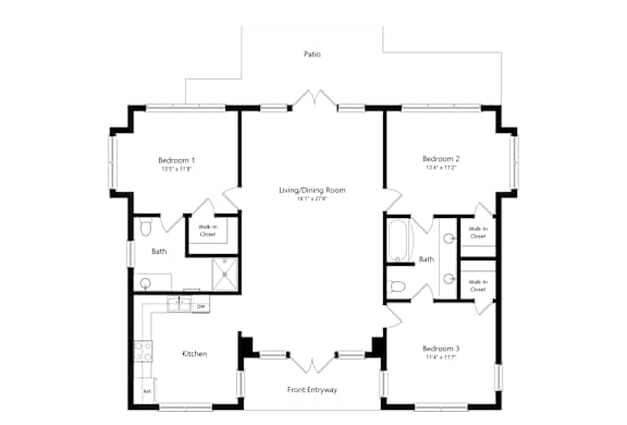 A floor plan of a house with three bedrooms, a living/dining room, a kitchen, and two bathrooms.