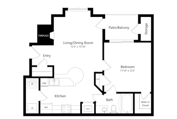 A black and white floor plan of a home with a living room, kitchen, bath, bedroom, and storage.