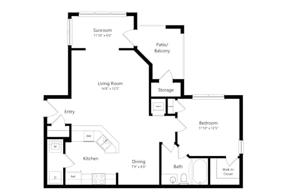 A floor plan of a house with a sunroom, living room, kitchen, dining room, bathroom, and two bedrooms.