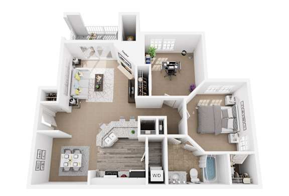 A floor plan of a house with a kitchen, living room, dining room, and bathroom.