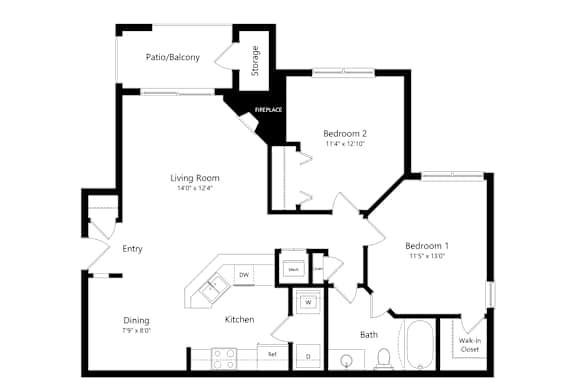 A floor plan of a house with two bedrooms, a living room, a dining room, a kitchen, a bathroom, and a storage area.