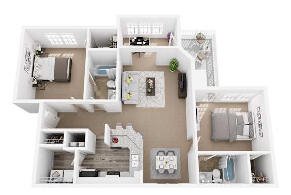 A top-down view of a house layout with multiple rooms and furniture.
