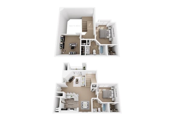 A floor plan of a two-story apartment with a living room, kitchen, and bedrooms.