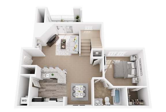A top-down view of a house layout with a living room, kitchen, dining area, and bathroom.