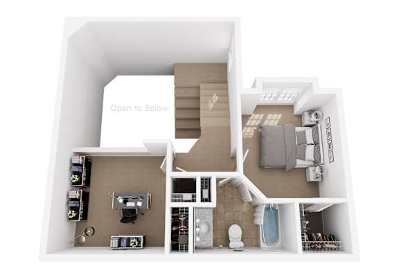A 3D floor plan of a small apartment with a kitchen, living room, and bathroom.