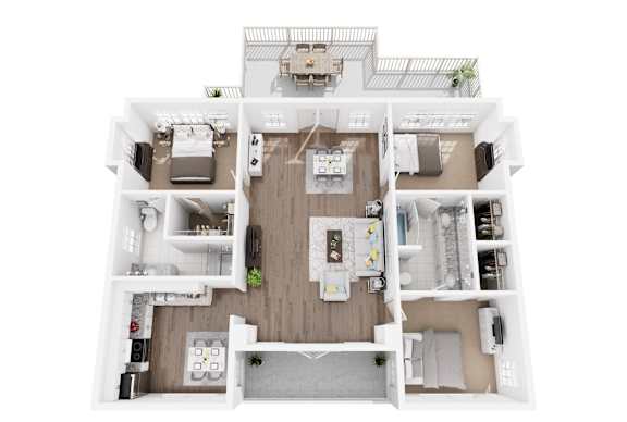 A top-down view of a modern apartment layout.