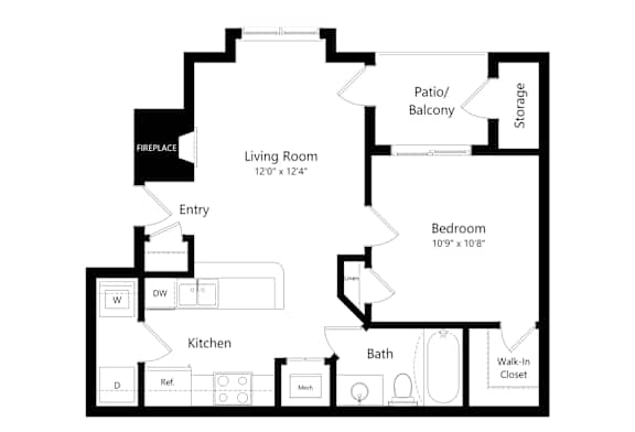 A black and white floor plan of a house with a living room, kitchen, bath, bedroom, and storage.