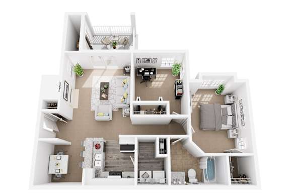 A top-down view of a house layout with a kitchen, living room, dining area, and bedrooms.