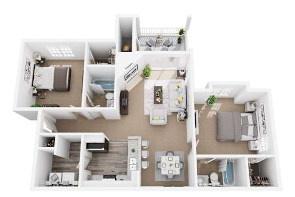 A top-down view of a modern apartment layout.