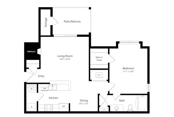A floor plan of a house with a living room, kitchen, dining room, bedroom, and bathroom.