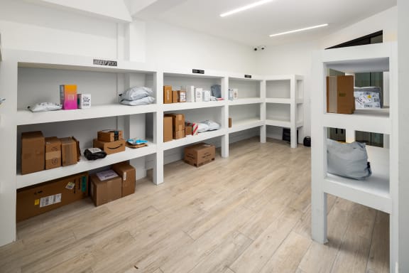 a room with white shelves and boxes on the floor