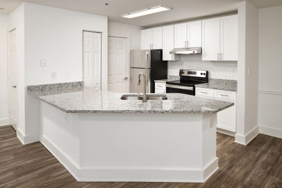 a kitchen with white cabinets and a granite counter top