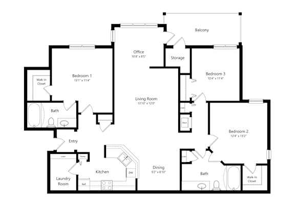 A floor plan of a house with a laundry room, kitchen, and three bedrooms.