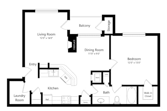 A floor plan of an apartment with a kitchen, living room, and bedrooms.