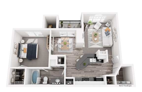 A floor plan of an apartment with a kitchen, living room, and bedrooms.