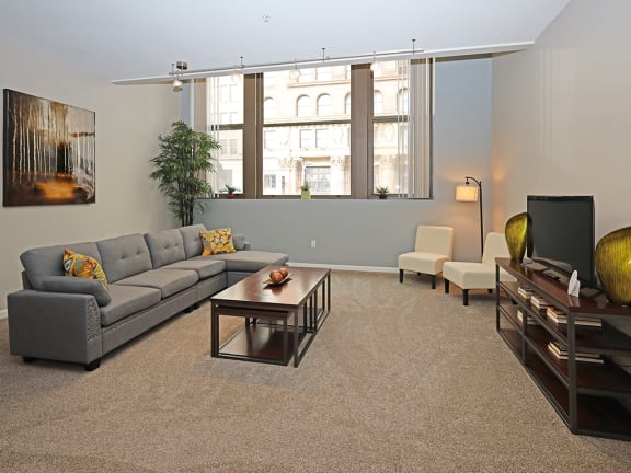 Model Living Room at The Residences at 668 Apartments, Cleveland, Ohio