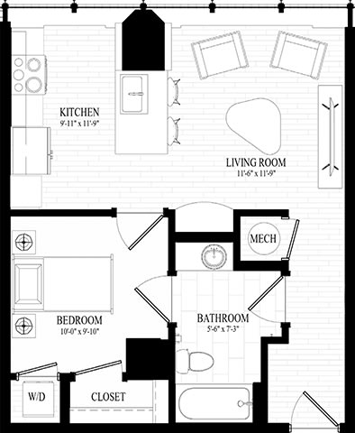 Suite Style A1 - 2D 1 Bedroom 1 bathroom  Floor Plan at Residences at 55, Cleveland, OH