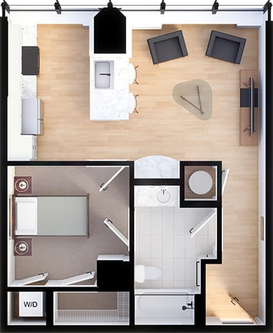 Suite Style A1 - 3D 1 Bedroom 1 bathroom  Floor Plan at Residences at 55, Cleveland, OH, 44113