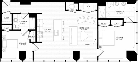 2 bedroom 2 bathroom Suite Style A2 - 2D Floor Plan at Residences at 55, Cleveland