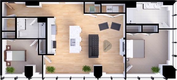 2 bedroom 2 bathroom Suite Style A2 - 3D Floor Planat Residences at 55, Cleveland, Ohio
