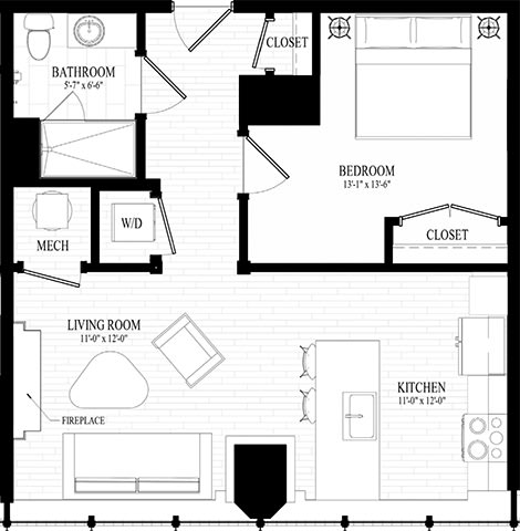 1 Bedroom 1 bathroom  Suite Style B1 - 2D Floor Planat Residences at 55, Cleveland, Ohio