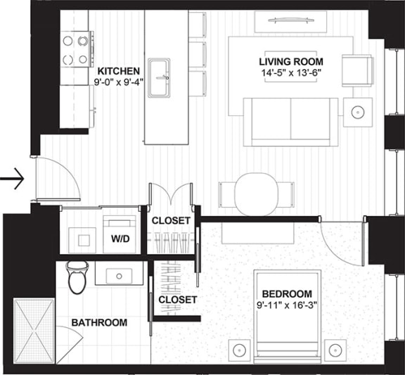 1 Bedroom 1 Bathroom Floor Plan at The Terminal Tower Residences Apartments, Cleveland, OH, 44113