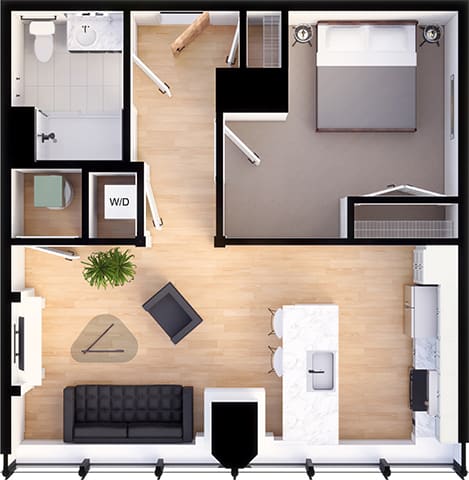 1 Bedroom 1 bathroom  Suite Style B1 - 3D Floor Plan at Residences at 55, Cleveland, 44113