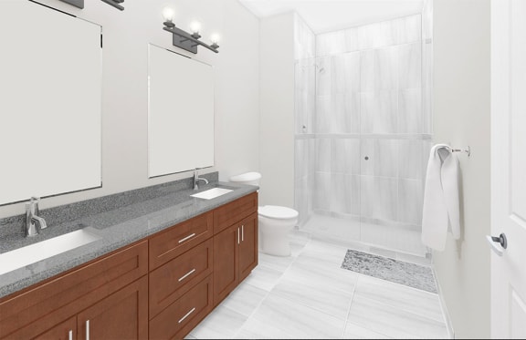 Bright Bathroom at The Terminal Tower Residences Apartments, Cleveland, OH, 44113
