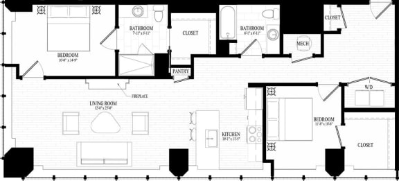 2 bedroom 2 bathroom Suite Style B2 - 2D Floor Plan at Residences at 55, Ohio, 44113