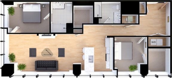 Floor Plan  2 bedroom 2 bathroom Suite Style B2 - 3D Floor Plan at Residences at 55, Ohio