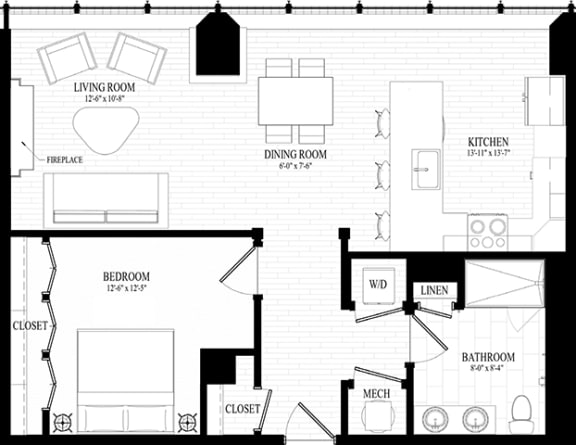1 Bedroom 1 bathroom  Suite Style C1 - 2D Floor Planat Residences at 55, Ohio
