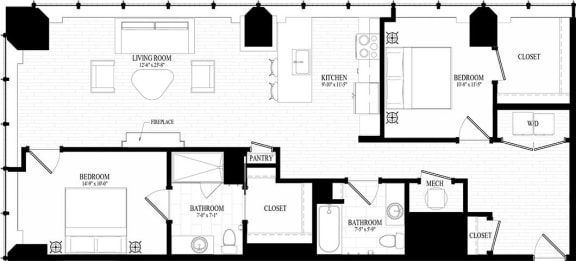 2 bedroom 2 bathroom Suite Style C2 - 2D Floor Planat Residences at 55, Cleveland, OH