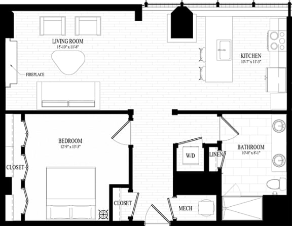 1 Bedroom 1 bathroom  Suite Style D1 - 2D Floor Planat Residences at 55, Cleveland, OH, 44113