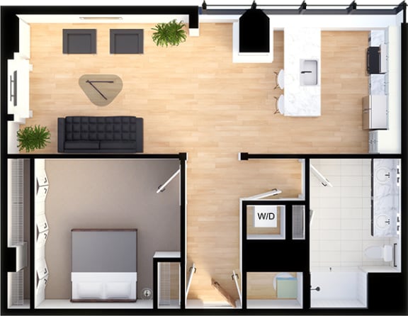 1 Bedroom 1 bathroom  Suite Style D1 - 3D Floor Plan at Residences at 55, Ohio, 44113