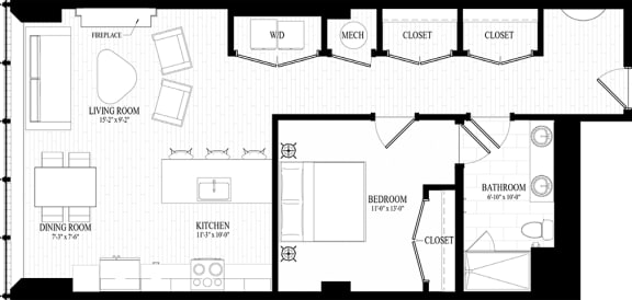 1 Bedroom 1 bathroom  Suite Style E1 - 2D Floor Plan at Residences at 55, Cleveland, 44113