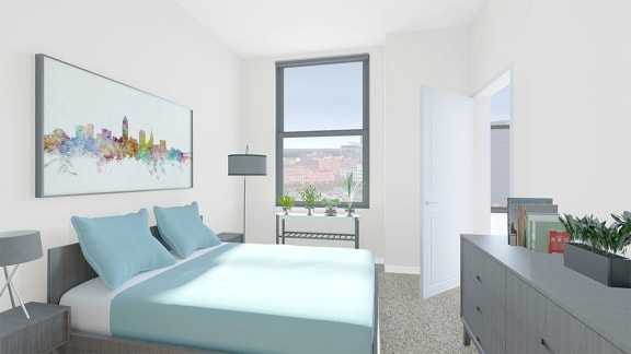 Lavish Bedroom at The Terminal Tower Residences Apartments, Cleveland, Ohio