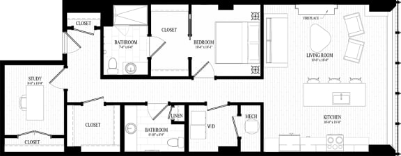 1 bedroom 1.5 bathroom Suite Style G1 - 2D Floor Plan at Residences at 55, Ohio, 44113