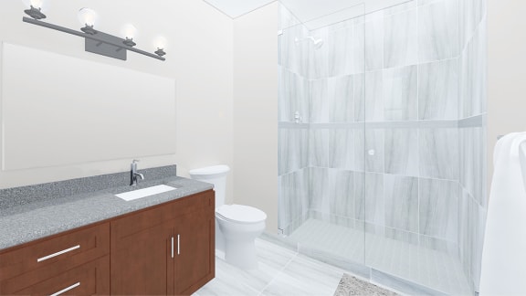 Oval Tub With Combo Shower at The Terminal Tower Residences Apartments, Cleveland