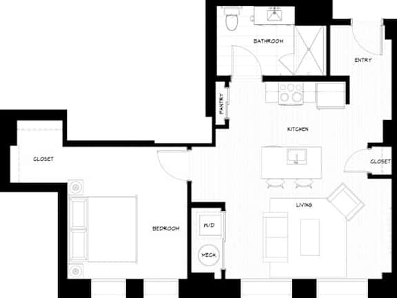 A black and white floor plan of a house with labeled rooms.
