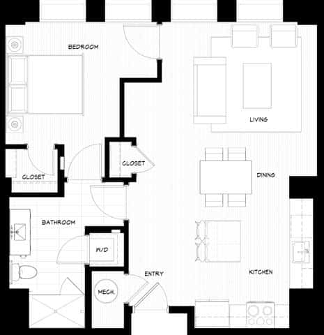 A black and white floor plan of a house with labeled rooms.